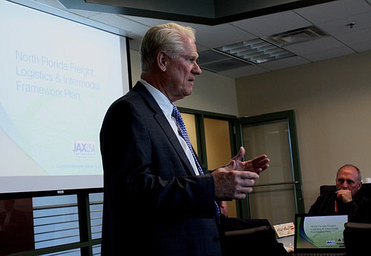 Photo by Joe Wilhelm Jr. - North Florida Logistics Advisory Group founder George Gabel describes the background and history of the North Florida Freight, Logistics and Intermodal Development Plan released Thursday.