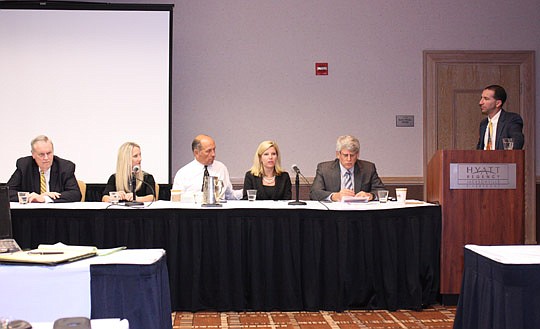 Photos by Joe Wilhelm Jr. - From left, 4th Circuit Judge Mack Crenshaw Jr., 5th District Court of Appeal Judge Wendy Berger, 4th Circuit Judge Brad Stetson, 4th Circuit Judge Virginia Norton and 4th Circuit Judge Jack Schemer participate in a Nov. 12 ...