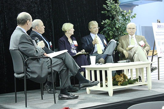 Photo by Joe Wilhelm Jr. - From left, JAXUSA Partnership president Jerry Mallot, moderates "Leveraging Our Regional Port Assets" panel discussion Friday with Chris Kauffmann, Jacksonville Port Authority chief operating officer; Fran Bohnsack, South At...
