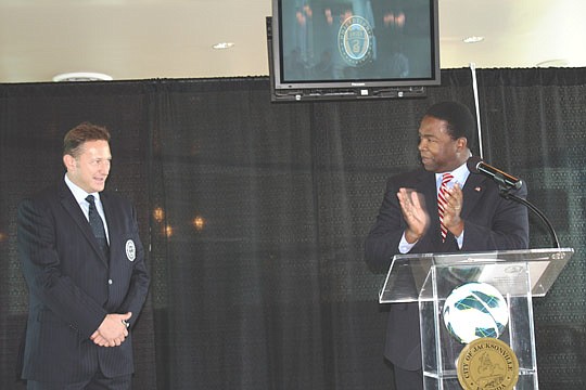 Photos by Joe Wilhelm Jr. - Nick Sakiewicz, CEO and operating partner of the Philadelphia Union, and Mayor Alvin Brown during the Tuesday announcement that an MLS exhibition match featuring the Union will be played in Jacksonville.
