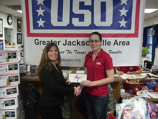 Hyatt Downtown Sales Manager Christy Szczukowski (left) presented a $1,067 check to NAS Jacksonville USO Center Director Lisabeth Quinn. The gift included several boxes of toys to benefit the more than 250,000 military family members and personnel the...
