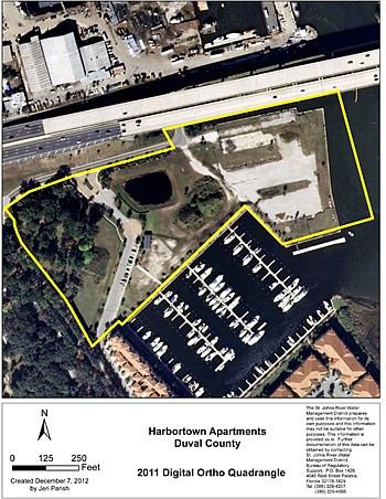 Image from St. Johns River Water Management District - Fairfield Residential Co. LLC proposes a 300-unit apartment community along Atlantic Boulevard at the Intracoastal Waterway. The outline shows its location on this aerial view.