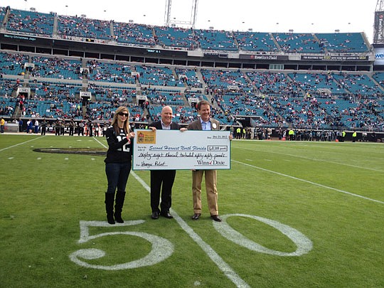 Just before kickoff at the Dec. 23 football game between the Jacksonville Jaguars and New England Patriots, Winn-Dixie and the Jaguars presented  a check to Second Harvest North Florida representing 68,288 pounds of food collected at the supermarkets ...