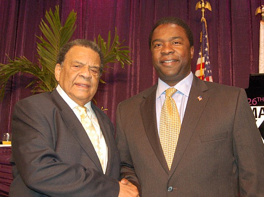 Photos by Max Marbut - Former U.S. Ambassador to the United Nations Andrew Young (left) joined Mayor Alvin Brown on Friday at the 26th Annual Martin Luther King Jr. Breakfast. Young delivered the keynote address and shared his hopes for the future and...