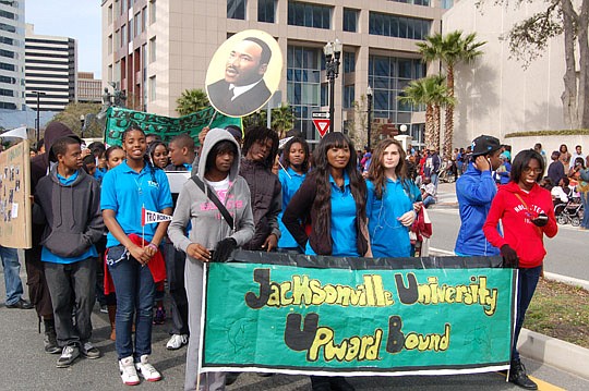 Photo by Max Marburt - Jacksonville University's Upward Bound group marched Downtown on Monday in the Martin Luther King Jr. parade.