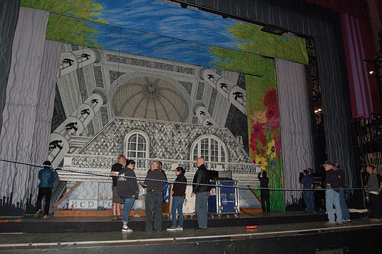 The stage crew at the Times-Union Center was putting the final touches on the sets Tuesday for the opening night of "Mary Poppins," presented by the Artist Series.