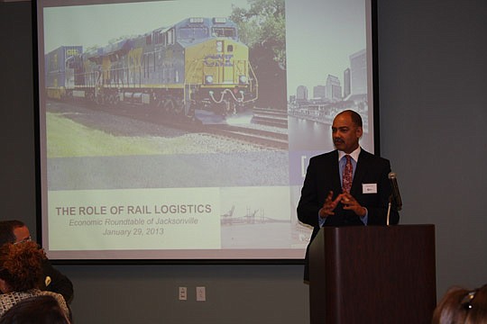 Photo by Joe Wilhelm Jr. - Derrick Smith, CSX Transportation vice president of emerging markets, provides a presentation Tuesday for the Economic Roundtable of Jacksonville on "The role of rail logistics" at the Jacksonville University Davis College o...