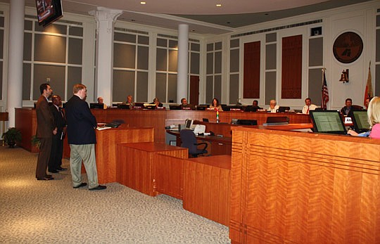 Photo by Joe Wilhelm Jr. - At podium, from left, Downtown Investment Authority Vice Chair Oliver Barakat, Chair Donald Harris and Mayor Alvin Brown's Chief of Staff Chris Hand answer questions from the City Council Finance Committee on Tuesday.