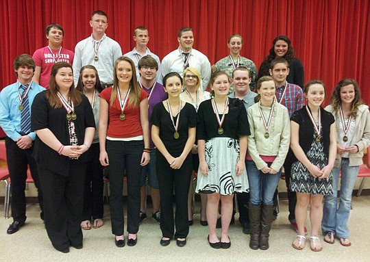 Winners of the Communities In Schools Interview Challenge. Front row, from left: Madeline Ryan, Julia Bright, Alayna Shank, Stephanie Weathington, Haley Nelson,Victoria Cox and Brooke McAfee. Second row, from left: Nicholas Straud, Hannah Blakeman, Za...