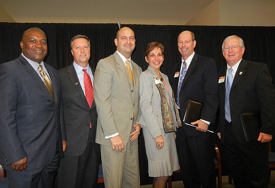 Photo by Karen Brune Mathis - From left, a panel discussion Thursday featured Jacksonville Transportation Authority CEO Nathaniel Ford, Jacksonville University President Tim Cost, Duval County Superintendent Nikolai Vitti, moderator Elaine Johnson, JA...