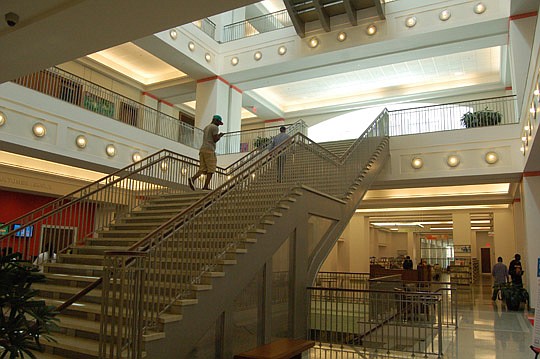 The Grand Staircase at the Main Library Downtown will be temporarily closed later this year while the building's skylights are repaired. City Council approved $1.4 million to correct leaks in the building, which opened in November 2005.