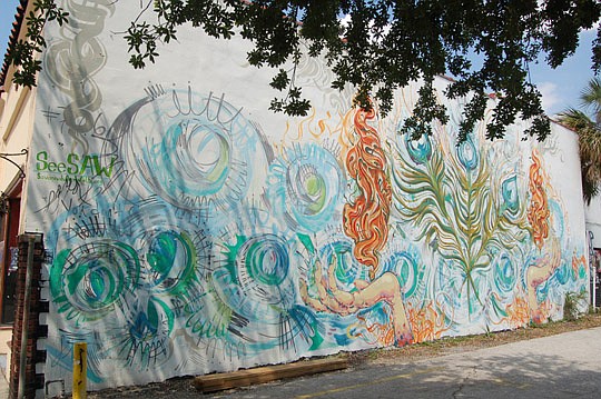 One of the lasting elements of the April 17-21 One Spark crowdfunding festival is that Downtown gained more public art, including this mural by artist Matthew Hebermehl from Savannah, Ga. It's along Ocean Street on the south face of the Burro Bar.