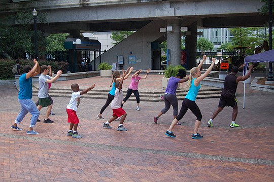 Group exercise classes are offered 11 a.m. each Friday in Hemming Plaza.