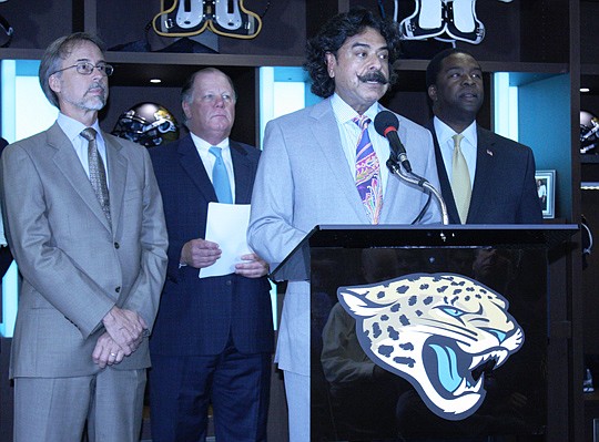 Photo by Joe Wilhelm Jr. - Jacksonville Jaguars owner Shad Khan was joined by City Council President Bill Bishop, Jaguars President Mark Lamping and Mayor Alvin Brown on Wednesday to announce improvements to EverBank Field.