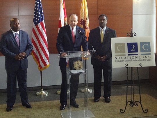 Photo by David Chapman - Tom Manley discusses the reasons for relocating and consolidating C2C's operations at the EverBank Center in Downtown. He was joined by Jacksonville Transportation Authority CEO Nathaniel Ford and Mayor Alvin Brown.