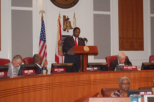 Photo by Max Marbut - Mayor Alvin Brown presented his administration's proposed City budget for 2013-14 this morning in the City Council chambers at City Hall.