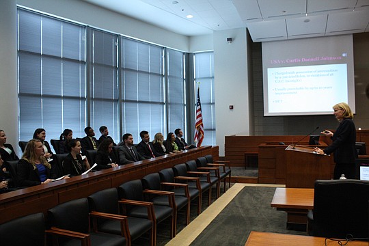 U.S. Assistant Public Defender Lisa Call talks Thursday about her experience arguing before the U.S. Supreme Court to participants in the Jacksonville Chapter of the Federal Bar Association's summer intern/associate program.
