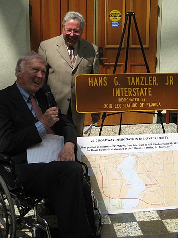 File photo by David Chapman - Former Mayor Hans Tanzler during a 2010 ceremony that designated his name on part of Interstate 295. Tanzler died Thursday at the age of 86. Former state Sen. Steve Wise looks on.