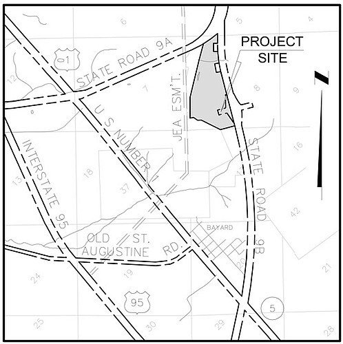 A location map for the D.D.I. Inc. Bayard property shows it is along the new Florida 9B at the split with Florida 9A, now the Interstate 295 East Beltway.