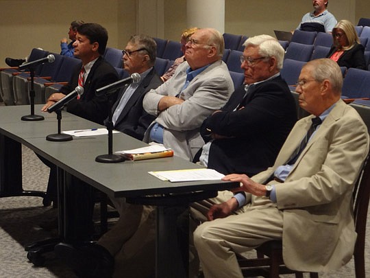 Photo by David Chapman - From left, Rick Mullaney, former City general counsel; Bill Basford, former Duval County commissioner and City Council member; Jim Rinaman, member of the original consolidation commission and now the consolidation task force; ...