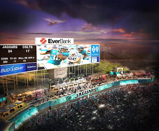 A rendering shows the proposed new scoreboards and improvements for EverBank Field. A City projects plan submitted Friday will feature $43 million in public money for those enhancements.