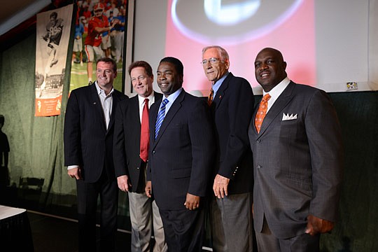 From left, David Greene and Charles Whittemore from the University of Georgia, Mayor Alvin Brown and Doug Dickey and John L. Williams from the University of Florida at the 2012 Florida-Georgia Hall of Fame Induction Ceremony.