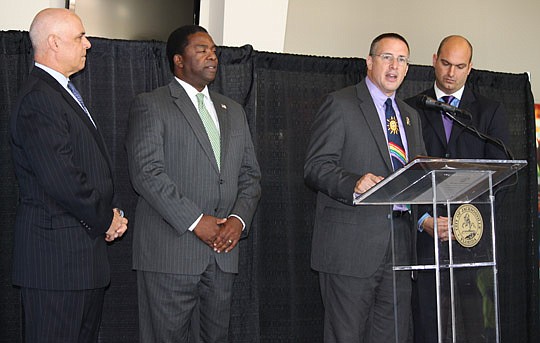 From left, Florida Blue CEO Patrick Geraghty, Mayor Alvin Brown, Jaguars Foundation President Peter Racine and Duval County Schools Superintendent Nikolai Vitti.