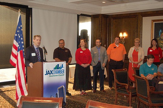 From left, Jonathan Smith, past president of the JAX Chamber Downtown Council and 2013 Small Business Leader of the Year, and fellow small business leaders Zeke Benevides, Deb Eveson, Bruce Bradley, Erick Wilson, Charley Tyler-Trubey and Vanice Serran...