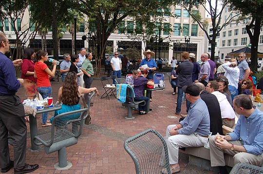 Hemming Plaza was the destination Wednesday for an impromptu, al fresco midday meal.