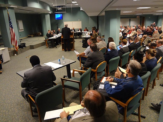 A packed Lynwood Roberts Room at City Hall on Tuesday housed speakers and interested parties of pension reform. A task force charged with finding solutions held an open forum on the matter.