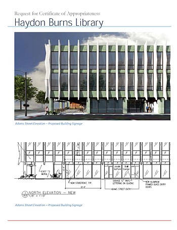 This artist's rendering shows, at left, the plan to create a covered patio for a coffee shop in the Jessie Ball duPont Center, formerly the Haydon Burns Public Library.