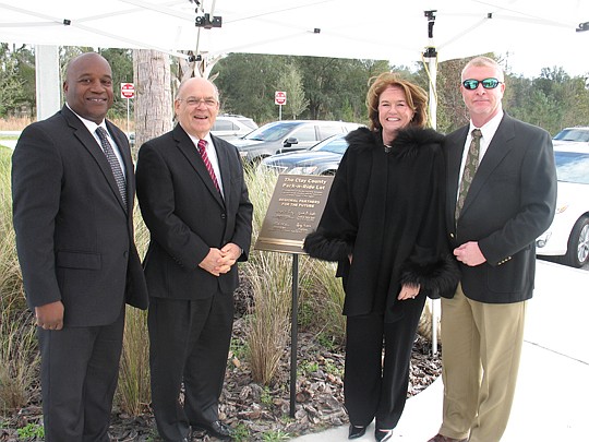 From left, Jacksonville Transportation CEO Nathaniel Ford, Clay County Commission Chair Wendell Davis, JTA Board Chair Donna Harper and Greg Evans, Florida Department of Transportation District 2 secretary and JTA board member, mark the start of the n...