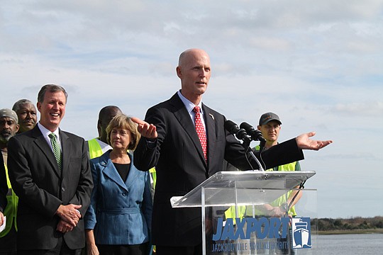 Photo by Carole Hawkins - Gov. Rick Scott pledged $8.8 billion for the state's transportation infrastructure in the upcoming fiscal year budget. Blount Island marine terminal would get $2.6 million. Scott made the announcement Monday during a visit to...