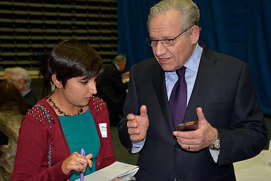 Washington Post associate editor Bob Woodward works with University of North Florida senior Henna Bakshi on her speech to introduce the journalist at his appearance Tuesday. Based on that conversation, Bakshi rewrote the introduction 20 minutes before...