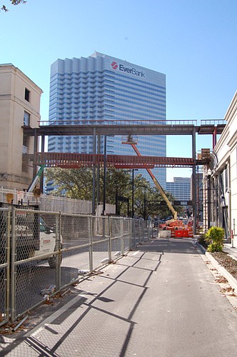 The elevated pedestrian walkway above Pearl Street between the former federal courthouse and the Duval County Courthouse is scheduled to be complete by April 1.