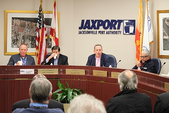 Jacksonville Port Authority Chair Joe York (second from right)introduces new board member Ed Fleming (left) during a special meeting Friday. Also pictured are John Falconetti, board vice chair, and Jim Citrano, board member.