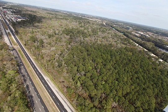 The bulk of Freedom Commerce Centre has become a mitigation bank, meaning it will remain in conservation and not be developed. This is the view of the property looking north, with Philips Highway on the left and Interstate 95 on the right.