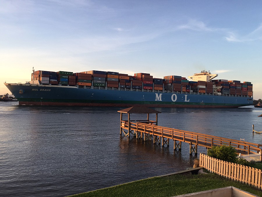 The MOL Bravo carries 10,100 containers. According to Marinetraffic.com, the ship was built in China in 2014 and is 1,105 feet long and 158 feet wide.
