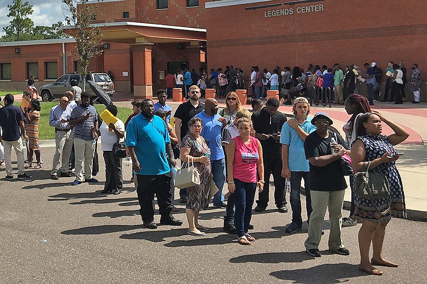 Lines were long for the first Amazon job fair Monday at the Legends Center at 5130 Soutel Drive in Northwest Jacksonville.