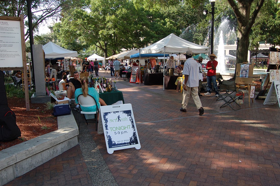 The artists who usually sell their wares at Hemming Park at First Wednesday Art Walk will instead be inside The Carling at 31 W. Adams St. tonight.
