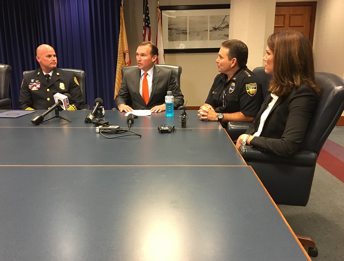 Jacksonville Fire and Rescue Department Chief Kurt Wilson, Mayor Lenny Curry, Sheriff Mike Willams and State Attorney Melissa Nelson talk Thursday about the public safety aspects of the new city budget.
