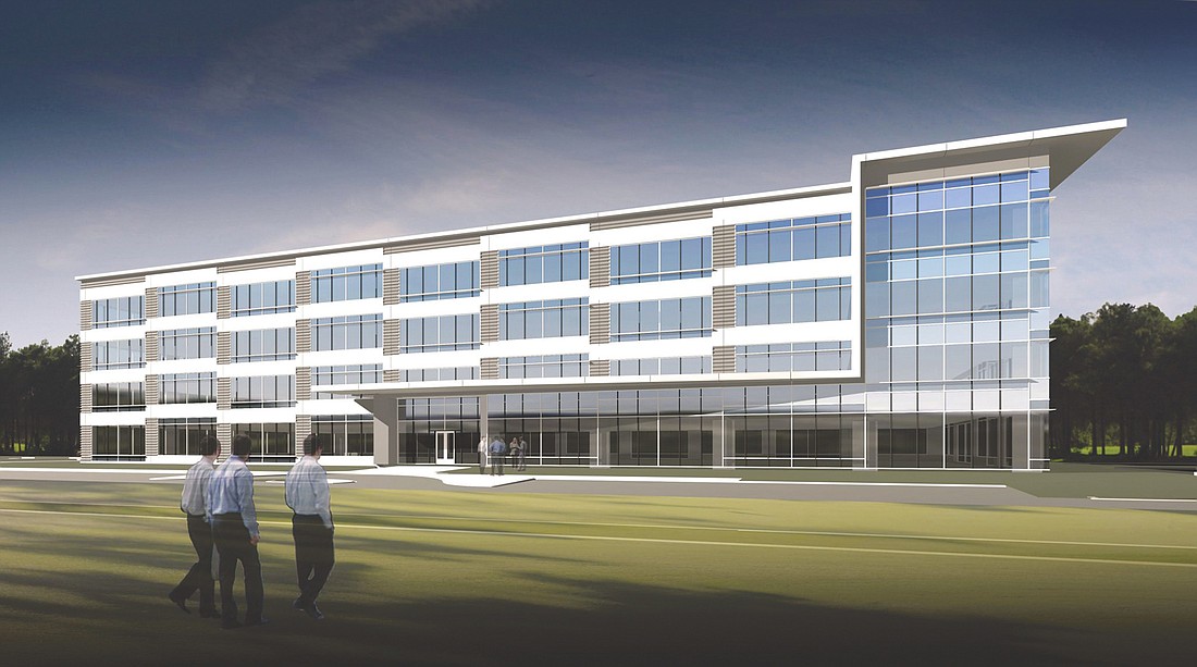 An artistâ€™s rendering of an office building planned at Southside Quarter along Gate Parkway.