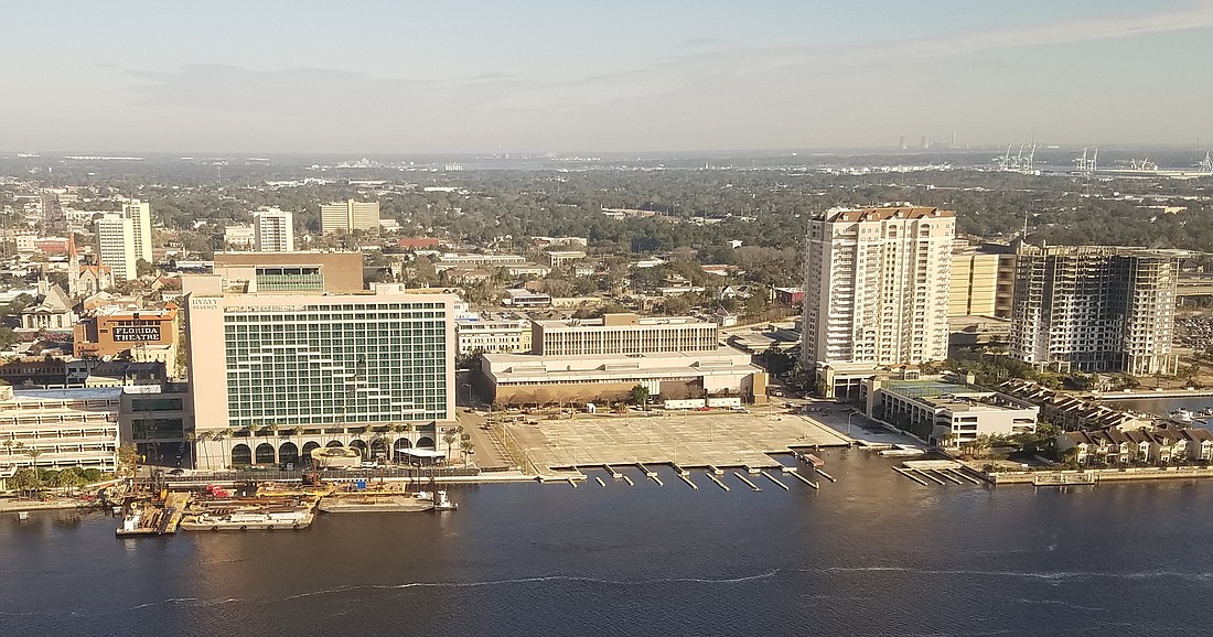 The Downtown Investment Authority is seeking proposals for a convention center for the area to the right of the Hyatt Regency Jacksonville Riverfront hotel.