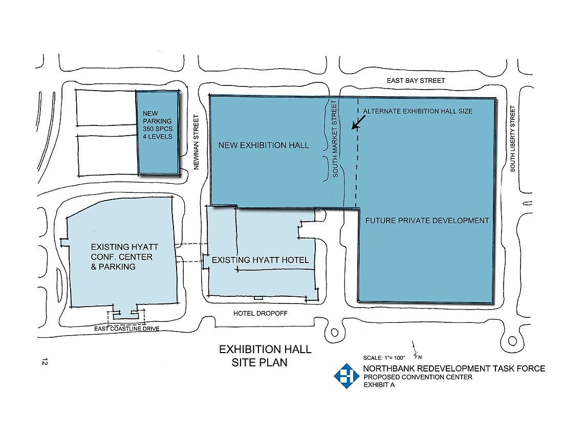 This site plan for a Downtown convention center adjacent to the Hyatt Regency Jacksonville Riverfront was included in a report published in 2011 by the Jacksonville Civic Councilâ€™s Northbank Redevelopment Task Force.