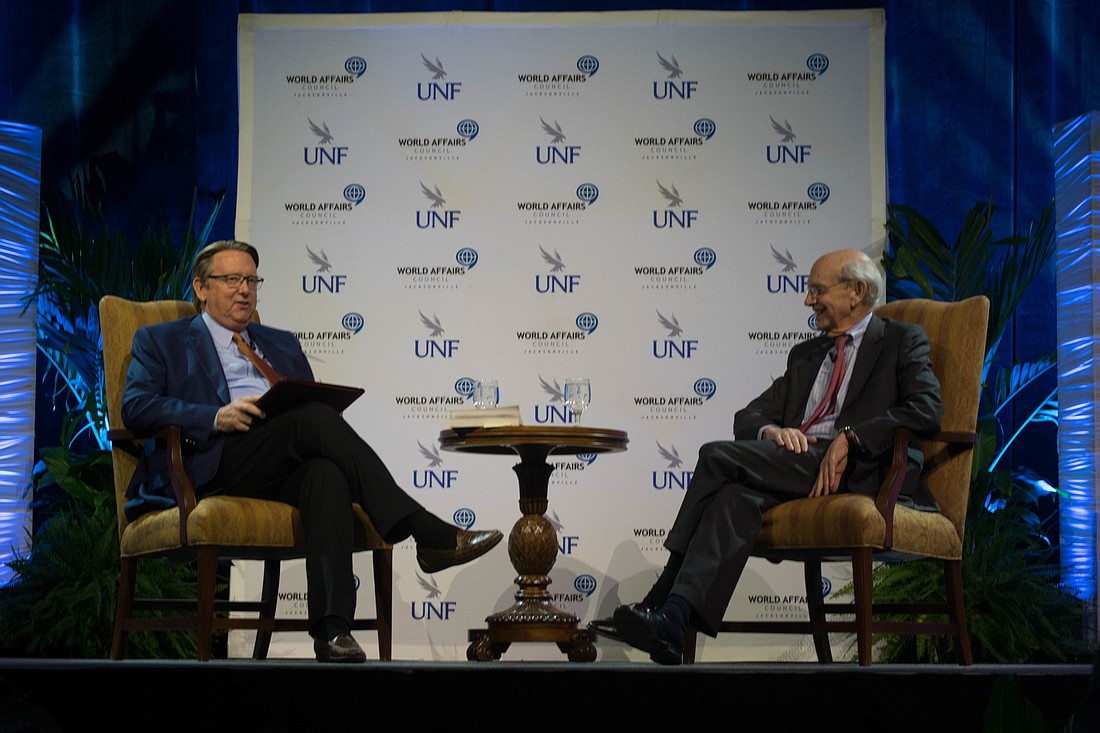 University of North Florida President John Delaney, left, interviewed U.S. Supreme Court Associate Justice Stephen Breyer last week in front of more than 3,000 people during UNFâ€™s Presidential Lecture Series.