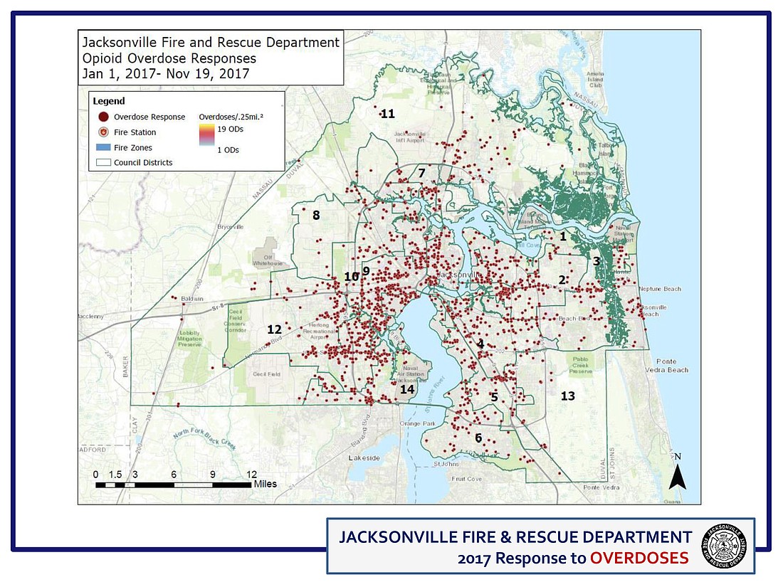 In 2017, JFRD responded to 3,686 overdoses, a 54 percent increase from 2015. This map shows where the JFRD responded to an overdose. The 32210 ZIP code on the Westside had the most responses.