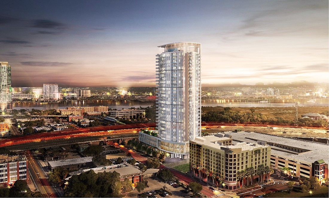 An artistsâ€™s rendering of the $80 million, 28-story, 300-unit residential tower proposed by developer Mike Balanky at 1202 Kings Ave. on the Southbank.