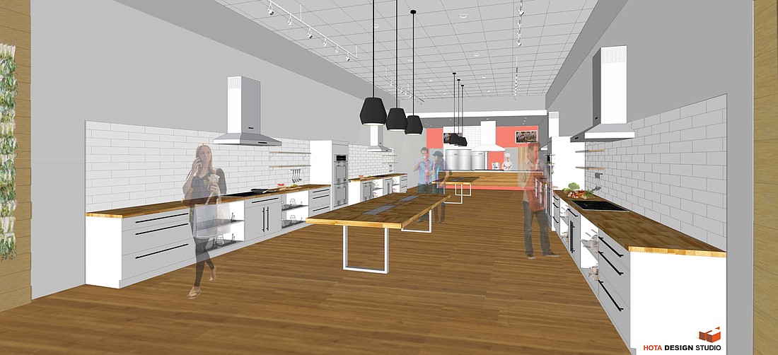 The Hota Design Studio rendering of JAX Cooking Studio under development at 14035 Beach Blvd. with a chefâ€™s kitchen and four open kitchens.