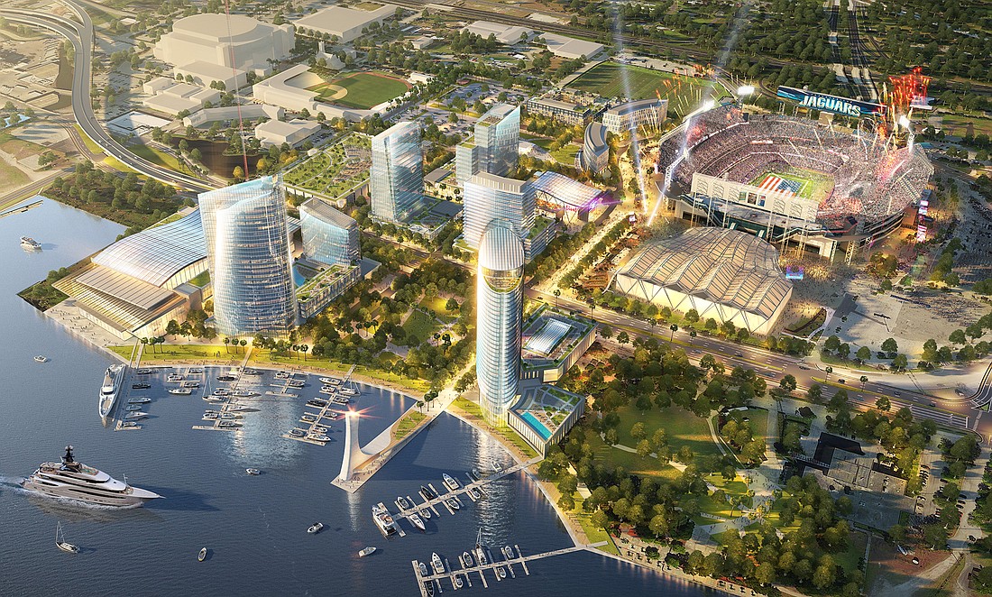 A rendering shown Thursday at the Jaguars State of the Franchise shows TIAA Bank Field surrounded by a mixed-use development including a convention center, marina, hotel, office and residential buildings.