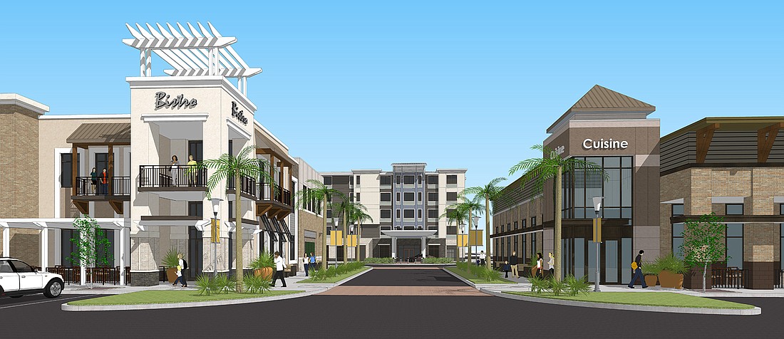 A rendering of the entrance to the proposed Baymeadows Park mixed-use development along Baymeadows Road east of Interstate 95. The site was once the Baymeadows Golf Club, which closed in 2004.